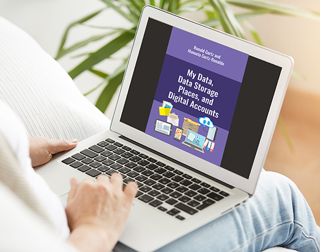 A person holds a laptop showing the cover of the book My Data, by author Manuela Gortz Bonaldo